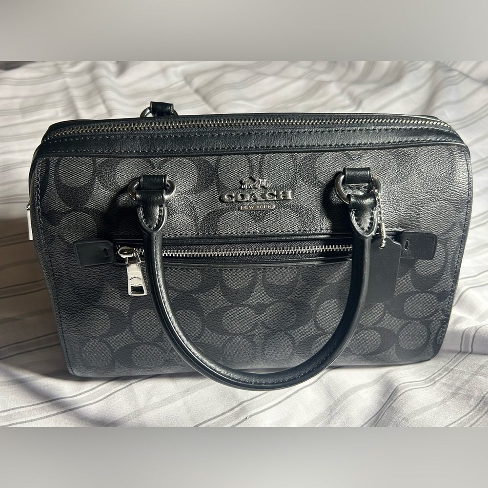 Preowned Rowan Satchel Bag In Signature Canvas- Black and Silver w/strap!